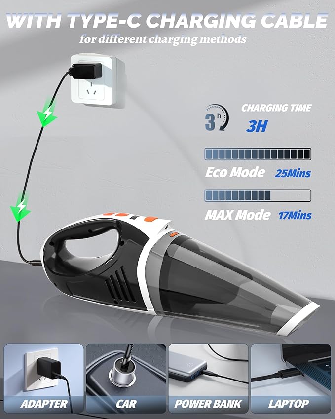 BRL Handheld Vacuum Cordless, Brushless Car Vacuum Cleaner with 12000PA Powerful Suction, 2 Suction Modes Mini Hand Vacuum, Dry & Wet, Portable Vacuum for Car Pet Hair, Home, Office, Keyboards