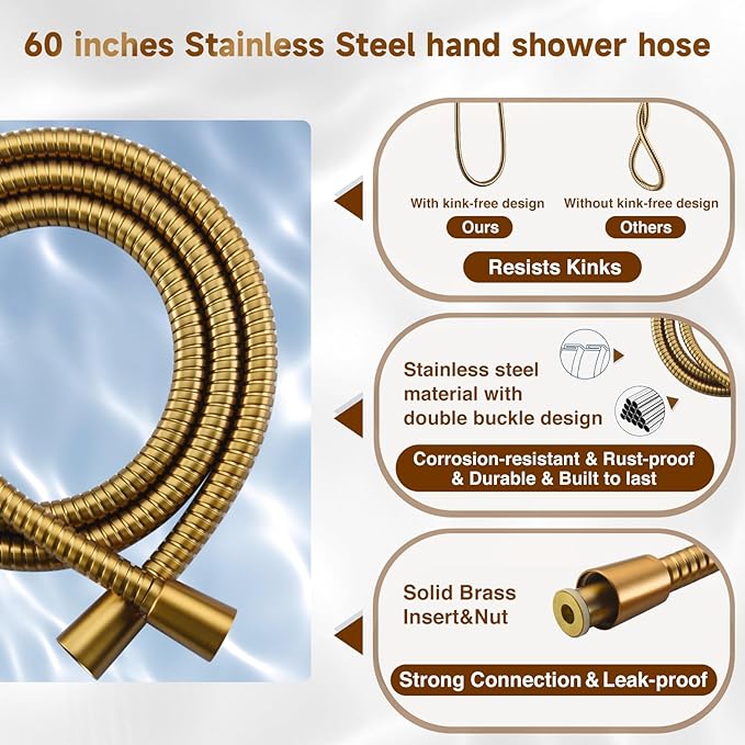 BRIGHT SHOWERS Dual Shower Head with Handheld, High Pressure Rainfall Shower Head Combo, 60-Inch Stainless Steel Hose, Brushed Gold