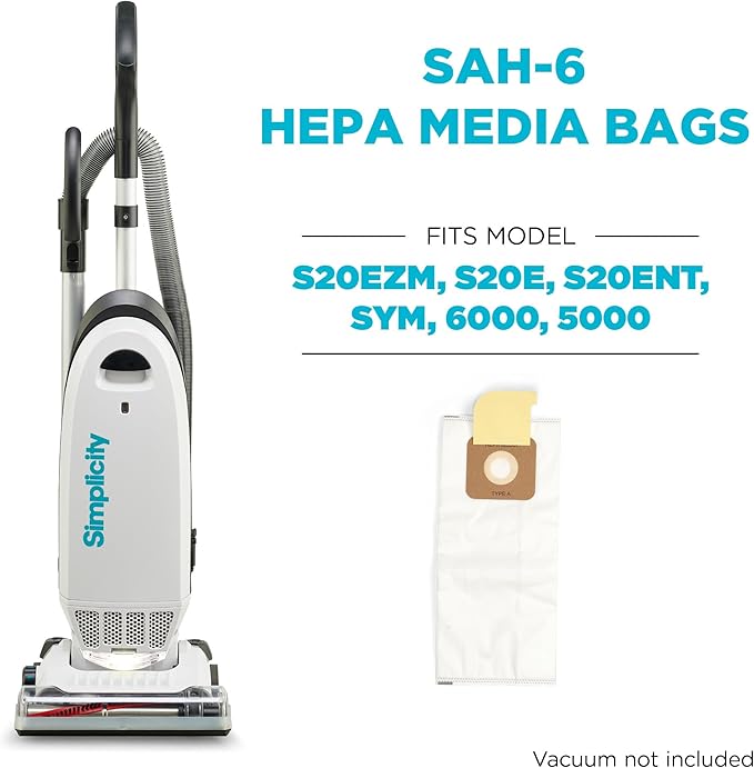Simplicity Vacuums SAH-6 Certified Hepa Vacuum Replacement Bags, Fits with S20EZM Allergy Upright Vacuum Cleaner, Symmetry and 6 Series, Type A Bags, 6-pack Set