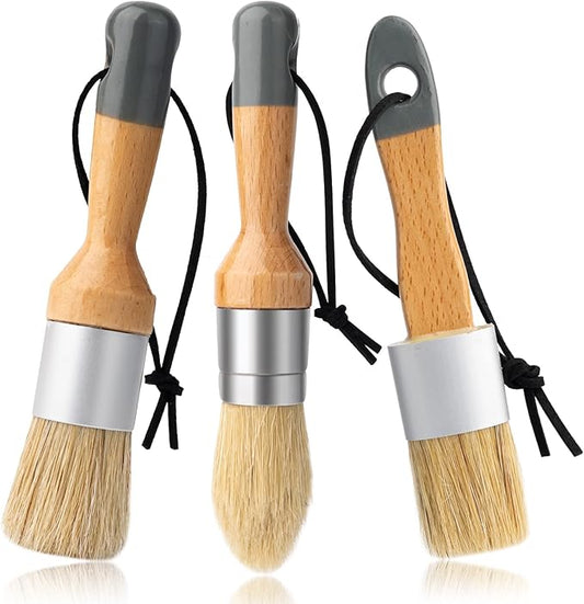 Mister Rui Chalk Wax Paint Brush, 3pcs, Chalk Paint Brushes for Furniture, Small Wax Brush for Acrylic Paint, Milk Paint, Natural Bristles Stencil Brushes, No Shedding