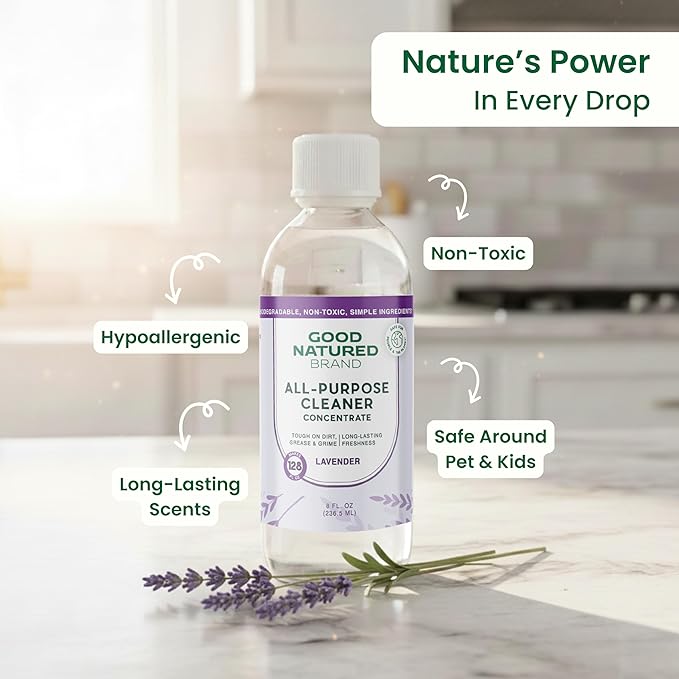 Good Natured Brand All-Purpose Cleaner Concentrate | Multi-Surface Cleaner | Natural Lavender Essential Oil | Multipurpose Cleaner Concentrate All Surfaces | Lavender | 8oz makes 128oz