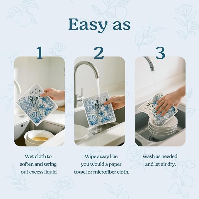 Swedish Dishcloths for Kitchen, Summer Coastal Starfish Beach Decor Kitchen Dish Towels for Washing Dishes, 4 Pack Reusable Paper Towels, Sponge Cloths for Home Cleaning Baking Cooking Decor