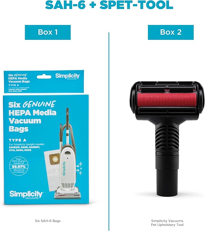 Simplicity Vacuums Bundle with Type A Vacuum Bags and Pet Hair Tool for S20EZM Allergy Upright Vacuum, SAH-6 Hepa Media Vacuum Bags and SPET-TOOL Pet Hair Removal Tool or Vacuuming Furniture