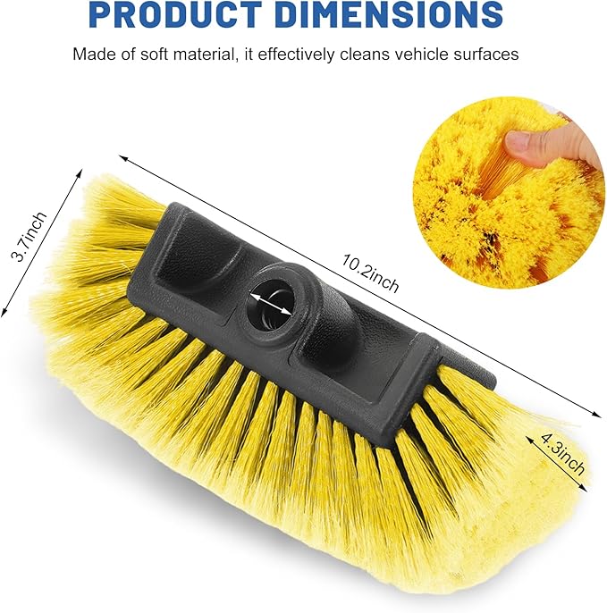 10" Car Wash Brush Head, Flow-Thru Cleaning Brush Head with Soft Detailing Bristles, Scratch Free Washing Scrub Brushes Replacement for 3/4-Inch Threaded Poles, Car Accessories (Yellow)