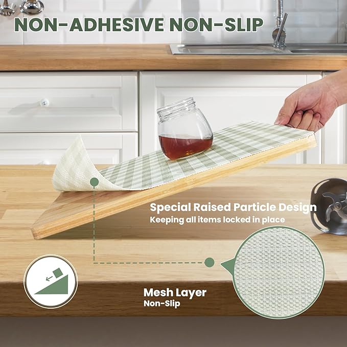 Drawer Liner and Shelf Liner for Kitchen Cabinet Liner Non-Adhesive Non-Slip Shelf Paper, Thick Strong Grip Waterproof Easy to Clean for Shelves, Cupboard, Desks, Green Plaid Pattern, 17.5 in x 40 FT