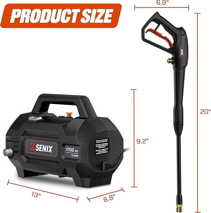 SENIX 13 Amp Electric Pressure Washer - 1700 PSI, 1.2 GPM, Compact with Foam Cannon, Spray Gun, 20-ft Hose, Turbo Nozzle, and 15° Spray Nozzles - Perfect for Cars and Driveways (HPWE13-L)