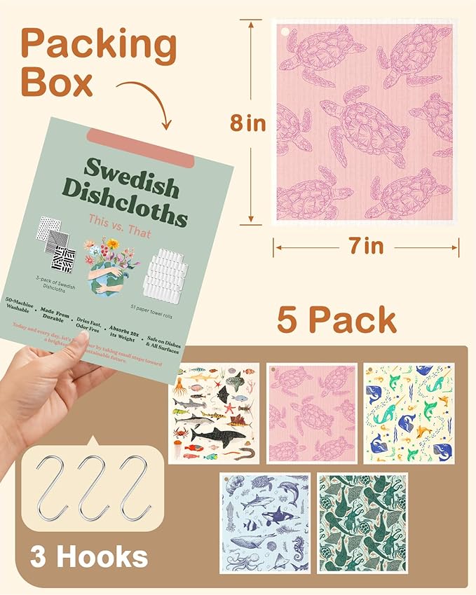 Swedish Dishcloths for Kitchen with Hooks - Reusable Dish Cloths for Washing Dishes Fast Drying Cute Fun 5 Pack Swedish Dish Towels Washable Cleaning Sponge, Deep Sea Fish