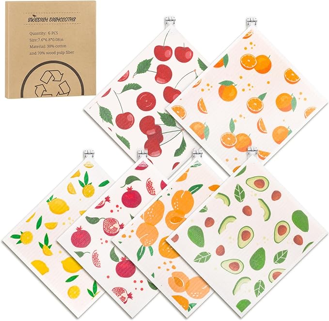 6 Pack Fruit Swedish Dishcloths for Kitchen,Swedish Rags Dish Towels with Clips, Reusable Paper Towels Washable Absorbent Cellulose Sponge Cloths for Cleaning Home Valentines Gifts for Women