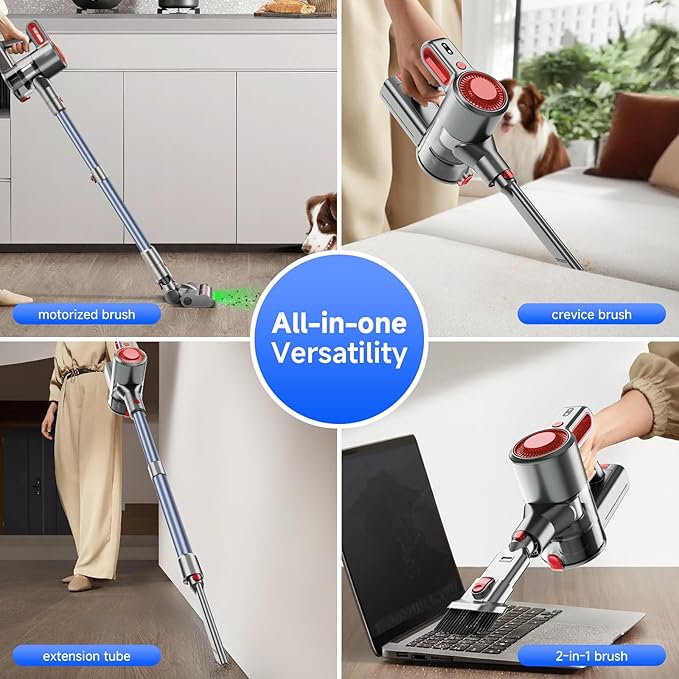 Cordless Vacuum Cleaner for Home, Powerful Stick Vacuum with Rechargeable Battery, Green Light Anti-Tangle Brush, 6-in-1 Lightweight Handheld Vacuum for Pet Hair, Hard Floor, Carpet, Red