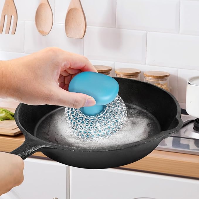 Cast Iron Scrubber | Dish Scrub Brush | 316 Cast Iron Cleaner Chainmail Scrubber for Pan Skillet Cleaner - Blue