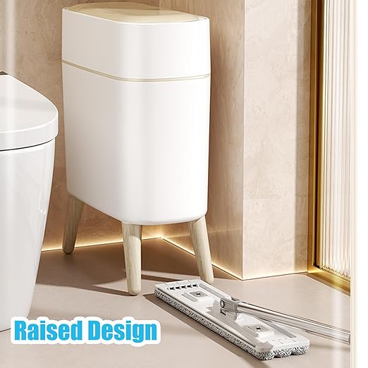 Yatmung Motion Sensor Bathroom Trash Can with Lid 2.5 Gal Smart Trash Bin - Waste Basket for Bedroom, Office, Living Room - Slim Bathroom Garbage Can Automatic Touchless - White with Wooden Legs