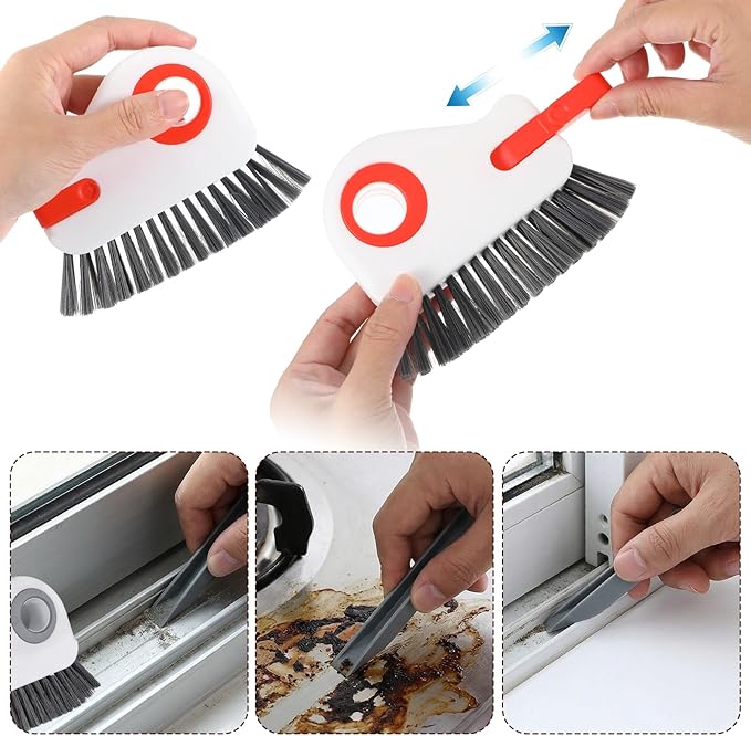 2 PCS Groove Cleaning Brush 2 in 1 Window Track Cleaning Tool Crevice Cleanings Brush Multifunction Hard Bristle with Hidden Scraper Grout Cleaner Grip Brushes for Slid Door Track Window Sill