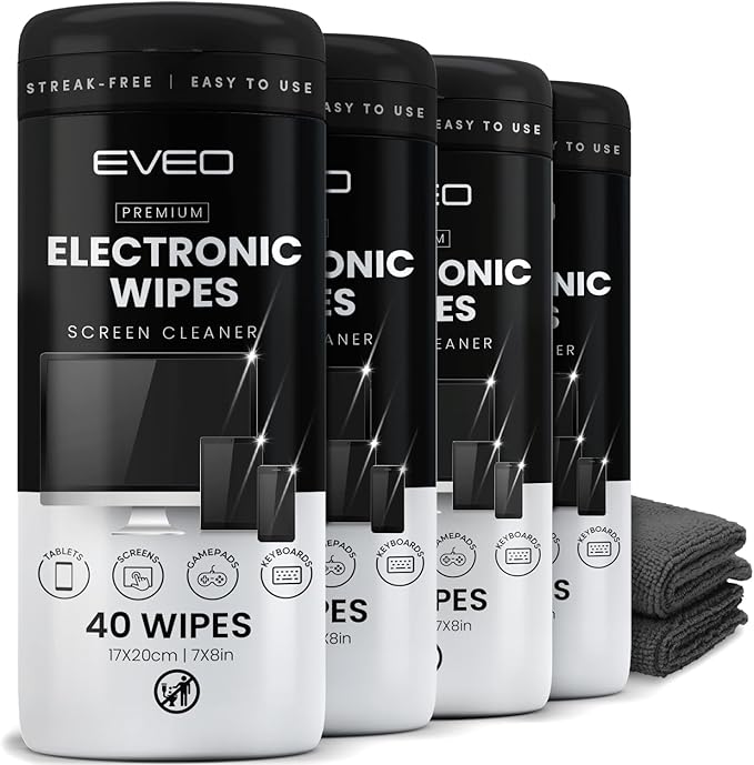 Electronic Wipes Streak-Free for Screen Cleaner & Smart Watch [4 Pack x 40] TV Screen, Smart TV, Computer Screen, Laptop, Phone, Tablet, and Electronics devices - Microfiber Cloth Included [160 Wipes]