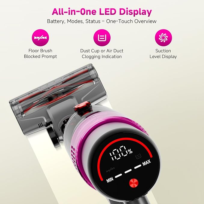Cordless Vacuum Cleaner: 40KPA Powerful Suction Cordless Stick Vacuum Cleaners for Home, Anti-Tangle Brush, Lightweight, 6-in-1 Rechargeable Vacuum for Pet Hair/Carpet/Hard Floor(Purple)