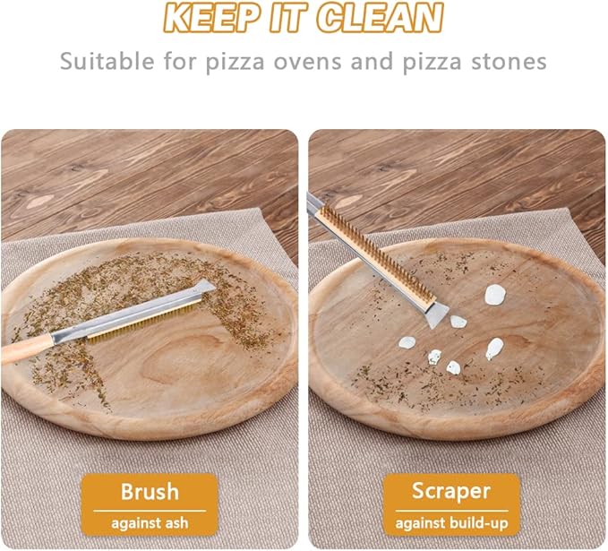 Pizza Oven Brush, 26" Brush and Stainless Steel Scraper for Pizza Stone, BBQ Grill Cleaning Brush Non Scratch Heat Proof Brass Bristles with Screwdriver, Outdoor Pizza Oven Accessories