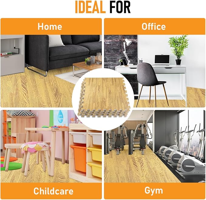 HomeCube USA 3/8 Inch Thick Interlocking Wood Grain Foam Floor Tiles for Home, Office, Workout Equipment Space, Commercial Areas, Anti-Fatigue Flooring Padding 24x24 in, Medium Oak, 96 SQ Ft -24 Tiles