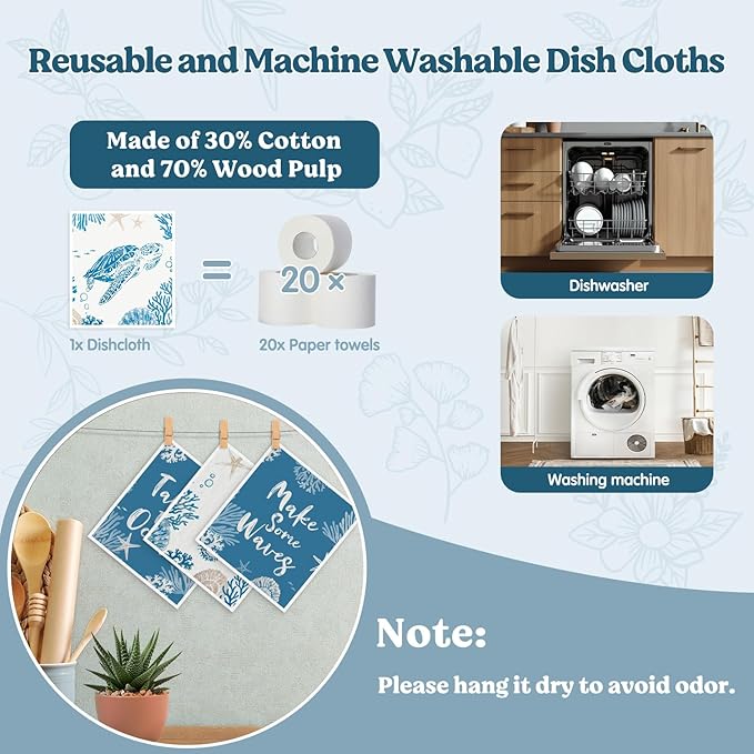 Swedish Dishcloths for Kitchen, Summer Coastal Turtle Kitchen Dish Towels for Washing Dishes, 4 Pack Reusable Paper Towels Washable, Sponge Cloths for Home Cleaning Baking Cooking Decor