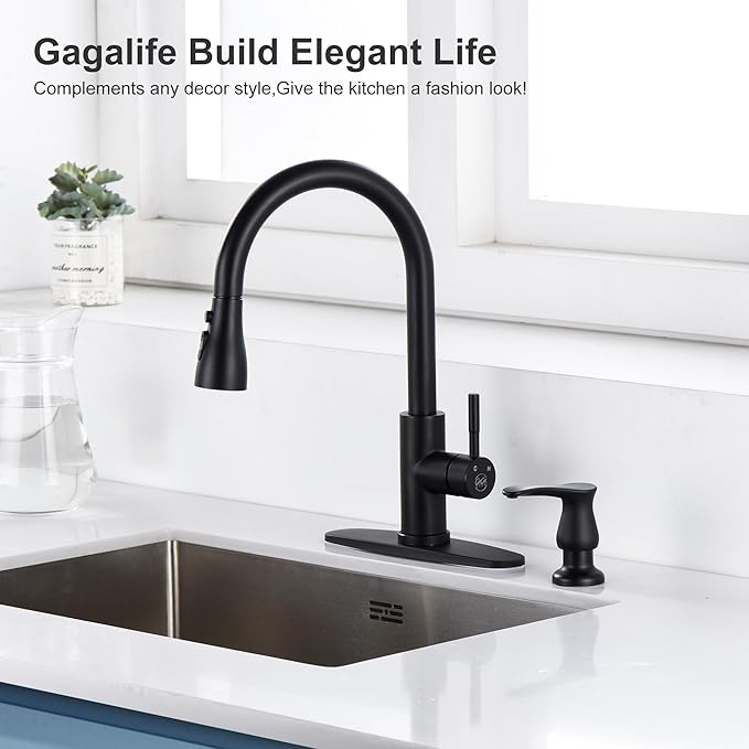 GAGALIFE Sink Soap Dispenser Matte Black, Built in Soap Dispenser with 17 OZ Bottle, Lotion Dispenser for Kitchen Sink, Refill from The Top (Pack of 2)