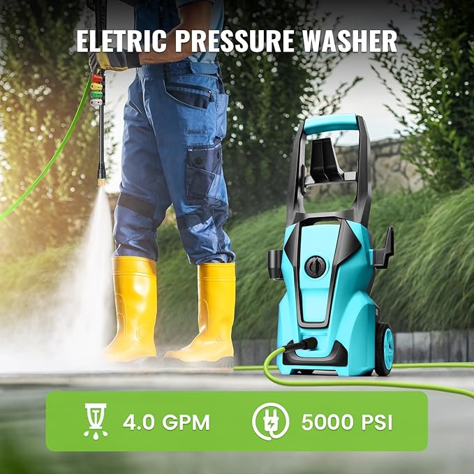 Professional Electric Pressure Washer, 5000PSI Power Washer with Foam Cannon,4 Nozzles,33FT Hose and Soap Bottle,Car Wash Machine/Car/Driveway/Patio Clean,Blue
