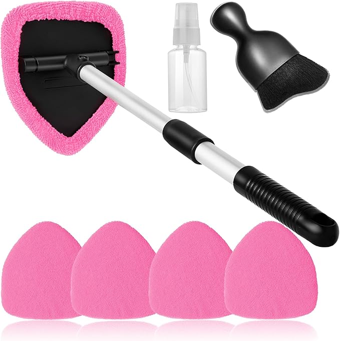 7pcs Windshield Cleaner Tool Car Window Cleaning Wash Kit with 4 Reusable Microfiber Pads 1 Spray Bottle and Extendable Handle Auto Glass Wiper Kit, Pink