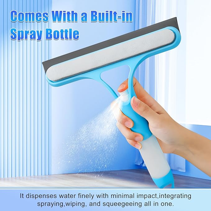 2PC 3 in 1 Window Cleaning Scraper, 3 in 1 Spray Squeegee, Window Squeegee with Spray, for Kitchen, Bathroom, Wall, Glass Windows, Table Top, Car Window (Blue + White)