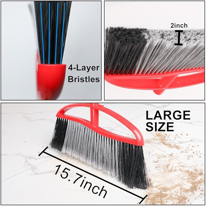 Heavy Duty Outdooor Broom - 15.7" Wide Broom with Wide Angle Design, Long Handle & Powerful Stiff Bristles for Patio, Garden, Garage, Yard (Red)