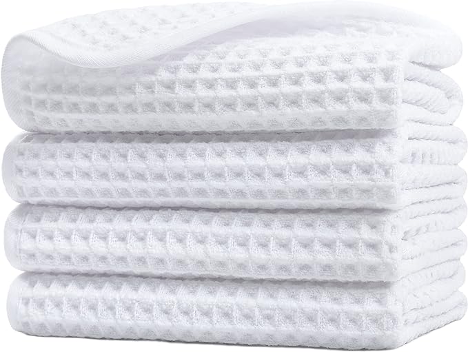 POLYTE 430 GSM Microfiber Lint Free Washcloth Face Towel, 13 x 13 in, 4 Pack (Waffle Weave)