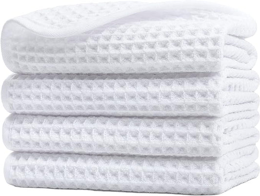 POLYTE 430 GSM Microfiber Lint Free Washcloth Face Towel, 13 x 13 in, 4 Pack (Waffle Weave)