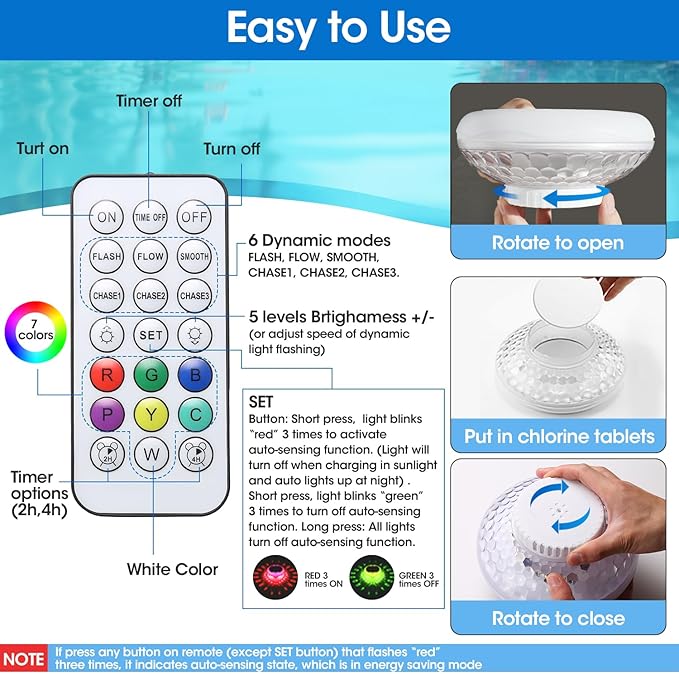 Solar Pool Chlorine Floater with 13 Colors Light, Floating Pool Lights with USB Charging, 6.7 Inch 2600mAh IP68 Waterproof Upper and Lower Glow Adjustable Release Chlorine Dispenser for Pool 2 Pack