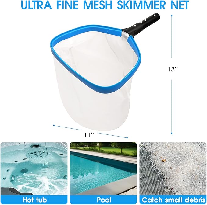 All in One Pool Cleaning Kit - 18'' Repairable Pool Nylon Net & 18'' Detachable Round Brush & 11'' Fine Mesh Skimmer Net & 10 FT Aluminum Poles & Handy Scrubber for Water Line Cleaning