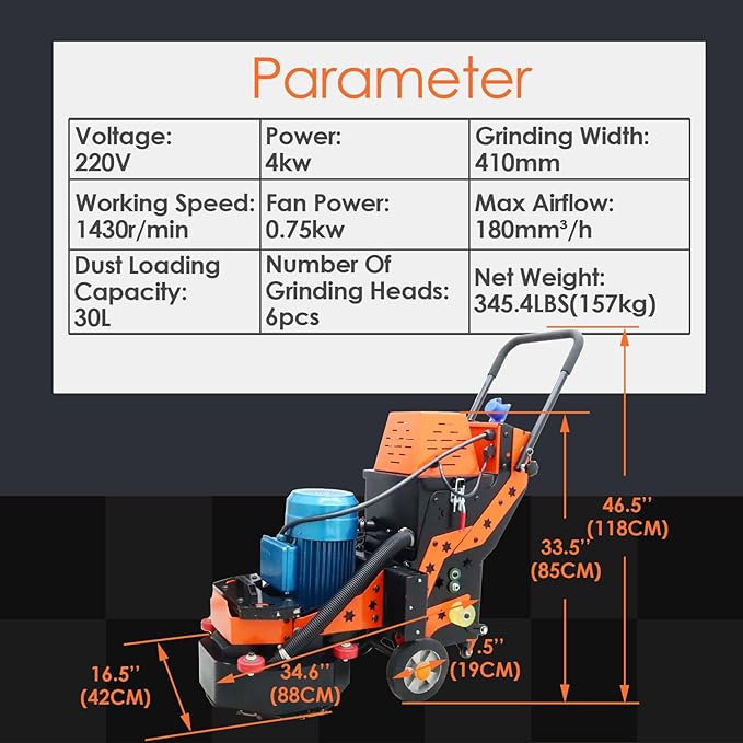 Hand-push Cement Ground Grinder Floor Grinding Polisher Floor Polishing Machine with 6pcs Grinding Heads 30L Dust Bucket for Old Ground Restore 220V