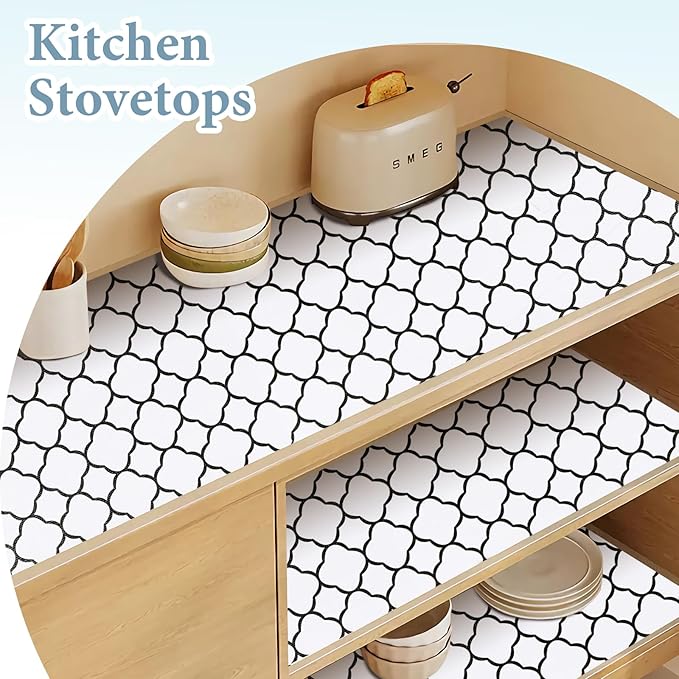 Shelf Drawer Liners for Kitchen Cabinets 11.8 x 236 Inches Non Adhesive Drawer Liner Thickened Refrigerator Liner Black Quatrefoil Strong Non-Slip Paper for Tool Box with Knife and Tape Measure