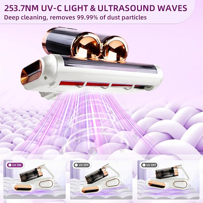 Mattress Vacuum Cordless with 16Kpa Suction & HEPA Dust Cups, 253.7nm UV-C Light & Ultrasonic, Low Noise Widened Suction Port Handheld Vacuum for Bed Pillows Couch Car Seat Rugs, Pearl White