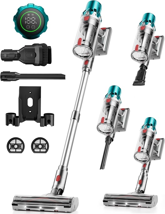 V6 Cordless Vacuum Cleaner,600W Stick Vacuum with LED Touch Screen,70Mins 50KPA Self-Standing Wireless Vacumm,Upgraded Anti-Tangle Vacuum Cleaner for Home,Pet Hair,Carpets,Floor,Green