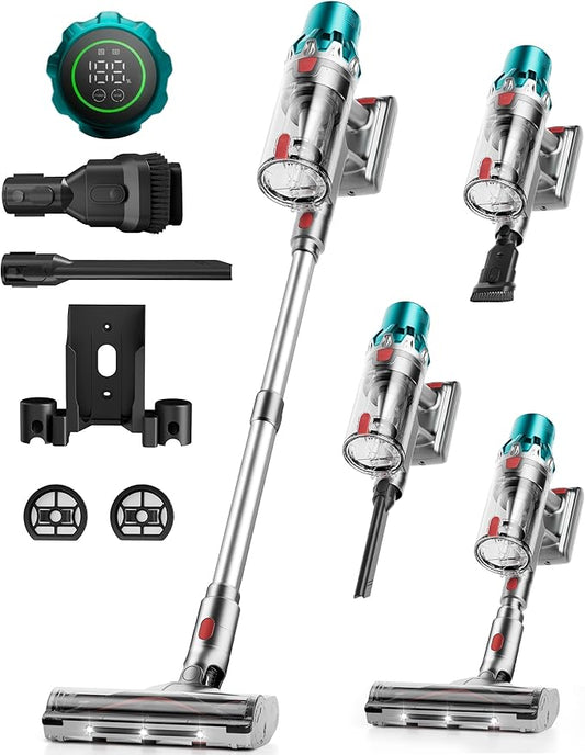 V6 Cordless Vacuum Cleaner,600W Stick Vacuum with LED Touch Screen,70Mins 50KPA Self-Standing Wireless Vacumm,Upgraded Anti-Tangle Vacuum Cleaner for Home,Pet Hair,Carpets,Floor,Green
