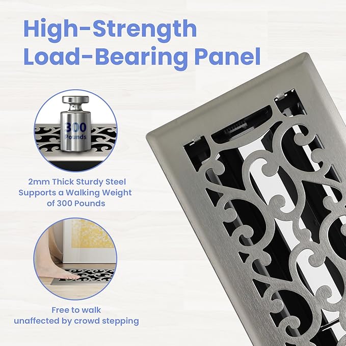 4x14 Inches Heavy Duty Walkable Floor Register - Easy Adjust Air Supply Lever Decorative Floor Vent Covers, Savannah Design Vent Covers for Home - Satin Nickel