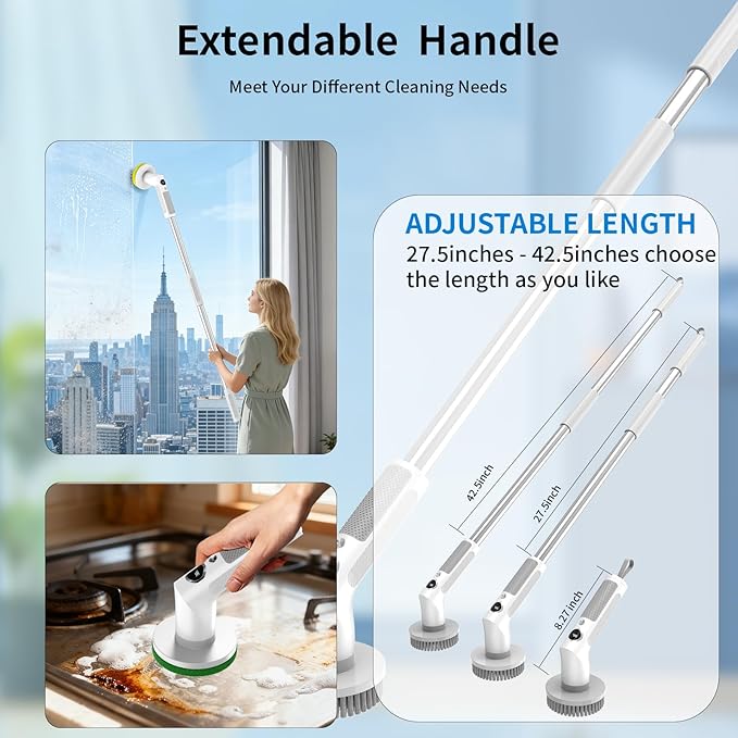 Electric Spin Scrubber, Cordless Cleaning Brush，IPX7 Waterproof Bathroom Scrubber with Adjustable Extension Handle & Battery Level Display for Bathroom Kitchen Car (ECB-S8)