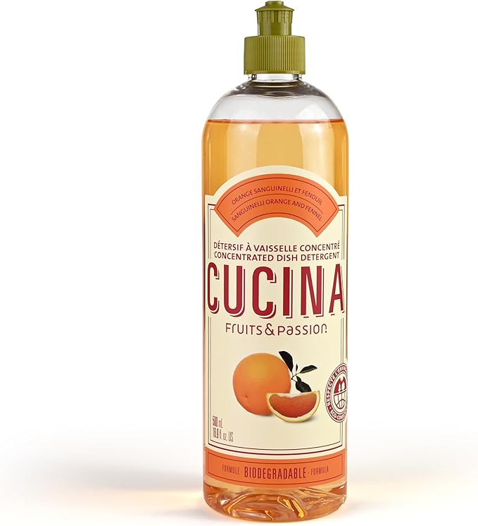 Cucina Fruits & Passion Concentrated Dish Soap, Sanguinelli Orange & Fennel, Gentle Liquid Dishwashing Detergent with Olive Oil, Vegan Formula in Refillable 16.9 fl oz Recyclable Bottle