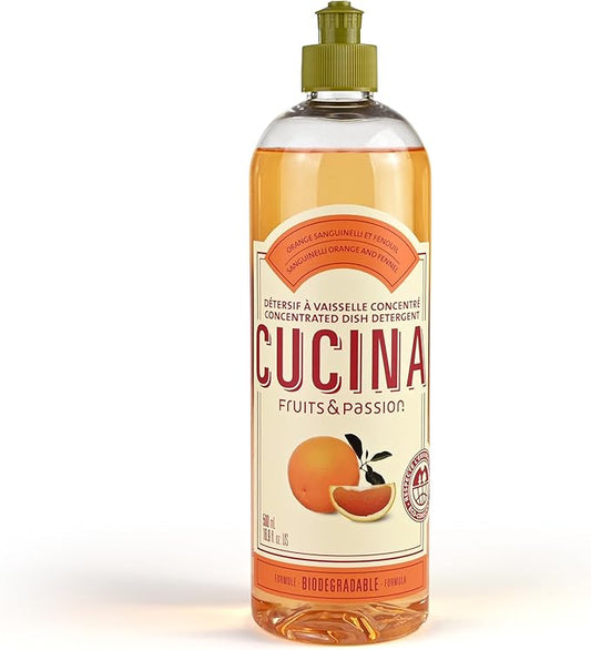 Cucina Fruits & Passion Concentrated Dish Soap, Sanguinelli Orange & Fennel, Gentle Liquid Dishwashing Detergent with Olive Oil, Vegan Formula in Refillable 16.9 fl oz Recyclable Bottle
