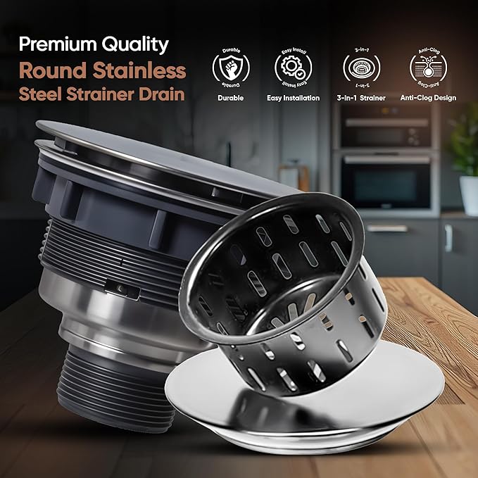 Strictly Sinks Sink Drain Strainer with Removable Basket - 3-1/2 Inch Stainless Steel Round Kitchen Sink Drain Assembly Kit with Deep Strainer Basket & Flat Cover Lid (Silver)