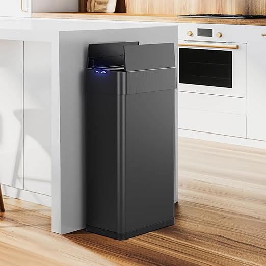 TLSUNNY 21.1 Gallon Automatic Trash Can, Stainless Steel Motion Sensor Garbage bin, Smart Trash Can W/Butterfly Lid, Bag Retainer Ring and Display Light for Living Room,Kitchen,Office (Black, 80L)