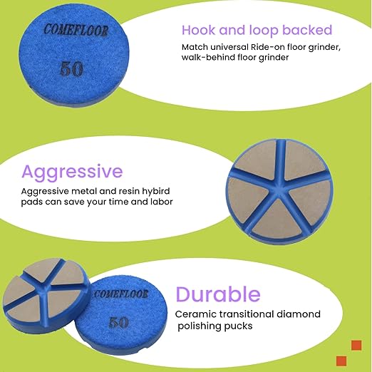Hybrid Ceramic Transitional Diamond Polishing Pucks for Concrete Terrazzo Floor, 3 Inch Hook and Loop Aggressive Floor Grinding Discs, 50# 9PCS