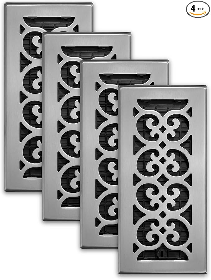 Decor Grates (4-Pack) SPH410-NKL Scroll Design Floor Register, 4x10 Inches, Brushed Nickel Finish