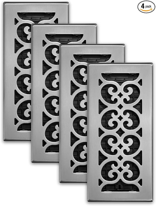Decor Grates (4-Pack) SPH410-NKL Scroll Design Floor Register, 4x10 Inches, Brushed Nickel Finish