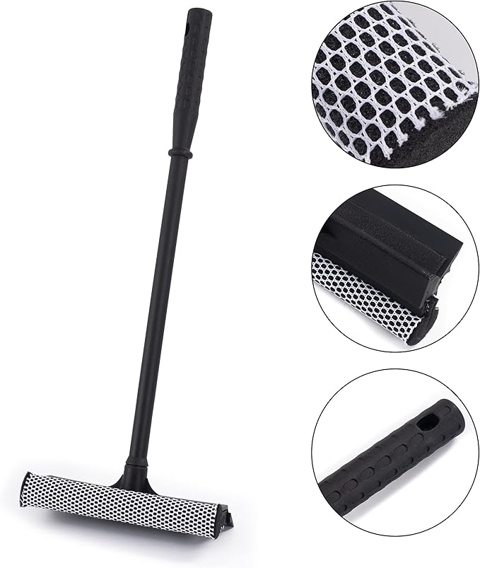 Matthew All Purpose Window Squeegee w/Premium Microfiber Cloth,Car Squeegee Windshield Cleaning Sponge and Rubber Squeegee,2-in-1 Window Cleaner Sponge(8'') and Soft Rubber with Pole 20''(1Pack)