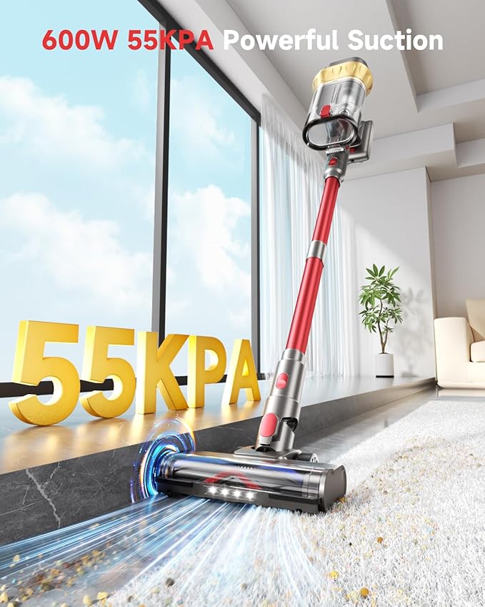 Vacuum Cleaners for Home, 650W 55KPA Cordless Vacuum Cleaner, 75 Mins 2L Double Dustcup Stick Vacuum Cordless Rechargeable, Anti-Tangle & Wall Mount Charging, for Hard Floors Carpet Pet Hair