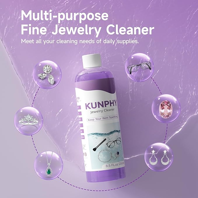 Upgraded KUNPHY Jewelry Cleaner, New Plant Formula for All Ultrasonic Cleaners, Enhanced Cleaning Effect, Multi-Purpose Glasses cleaner for Silver, Gold, Rings, Diamond and Eyeglass(8.5 oz, 250 ml)