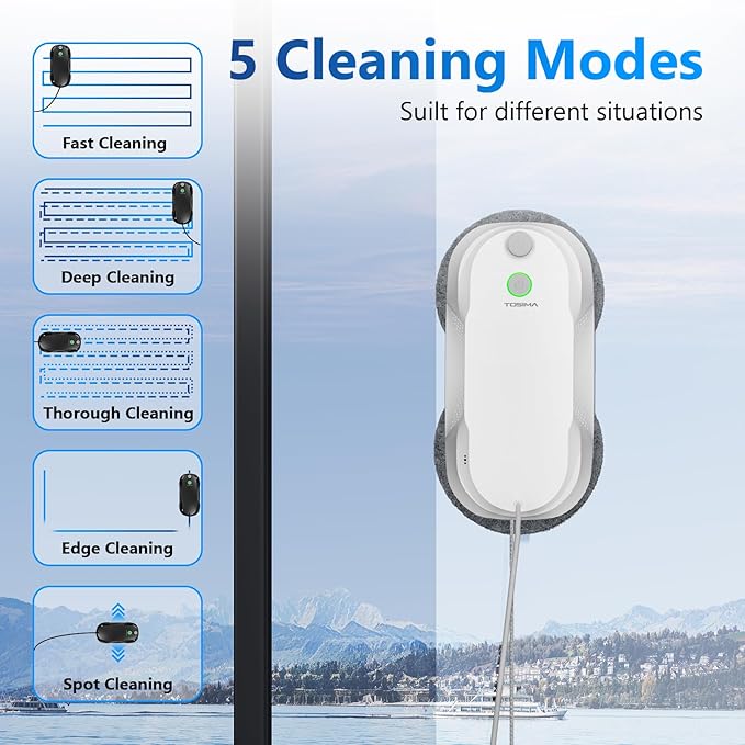 Tosima W5 Window Cleaning Robot, Dual Direction Auto-Spray Smart Window Cleaner with Triple Safety System, Smart Navigation, Remote Control, for All Smooth Surfaces, with 8 Rags, White