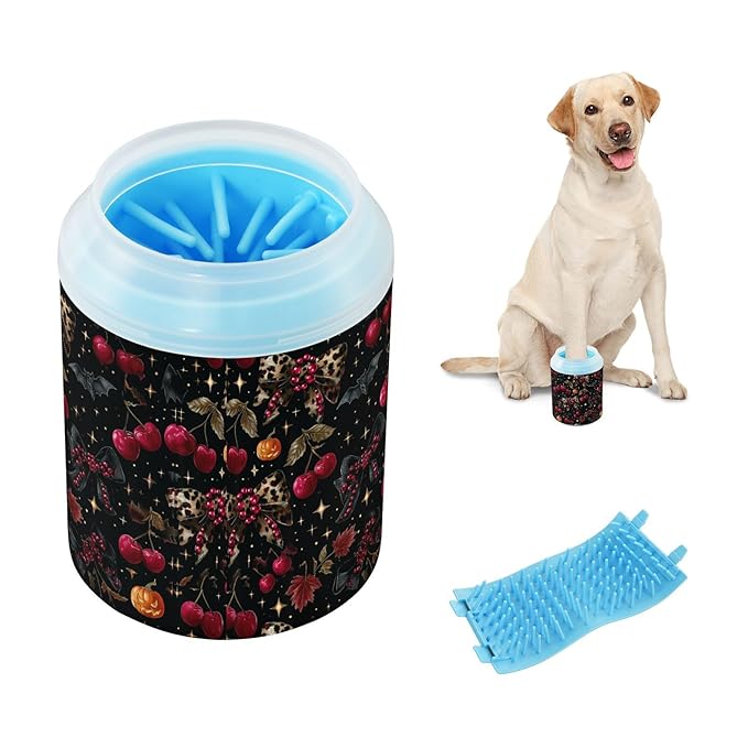 Dog Paw Cleaner Cups for Dogs Pets Foot Washer Paw Scrubber for Medium Small Cats Dogs Cute Cleaning Cup Balck Halloween Leopard Bows Cherry