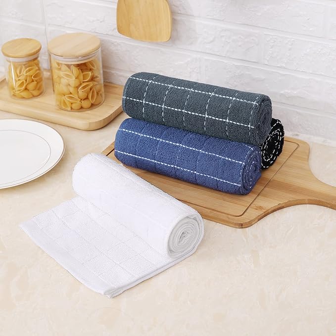 Mordimy 100% Cotton Terry Cloth Kitchen Towels, Super Soft and Absorbent Dish Towels for Drying, Checkered Designed Hand Towels for Kitchen, 16 x 26 Inches, 6 Pack, Grey
